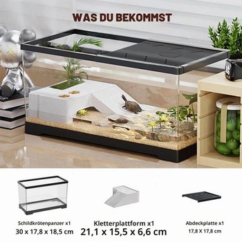 Akvárium s pancierom korytnačky s vyhrievacou plošinou a spodným odtokom, nádržka na vodu 30 x 18 x 18,5 cm