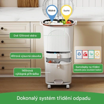 Kuchynský odpadkový kôš s 2 vyberateľnými vedierkami B0GGGKKJNW, 42 l, 3 poschodia, béžový - A