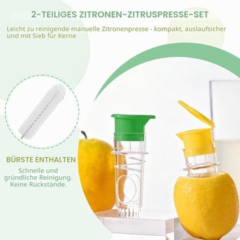 Dvojdielny ručný lis na citrusovú šťavu, žltý/zelený plast, s vekom a čistiacou kefkou, pre