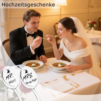 Svatební dárky pro nevěstu a ženicha, 2 lžičky na cereálie s vyrytým nápisem „Mr. Right“ a „Mrs.