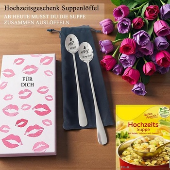 Svatební dárky pro nevěstu a ženicha, 2 lžičky na cereálie s vyrytým nápisem „Mr. Right“ a „Mrs.