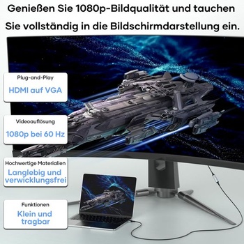 Jednosmerný adaptér HDMI na VGA, adaptér HDMI samica na VGA samec, nylonový opletený kábel, adaptér