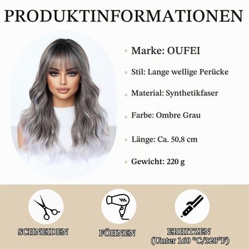Dlhá vlnitá šedá ombré parochňa s ofinou pre ženy, každodenné použitie, párty, ombré šedá (6381-1)