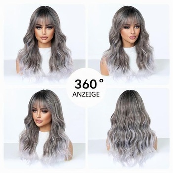 Dlhá vlnitá šedá ombré parochňa s ofinou pre ženy, každodenné použitie, párty, ombré šedá (6381-1)