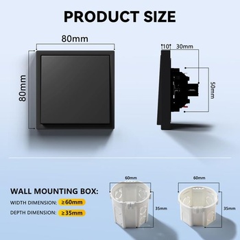 Zapuštěný vypínač světel, 1násobný, 1cestný, 80 x 80 mm, moderní nástěnný vypínač s PC rámem,