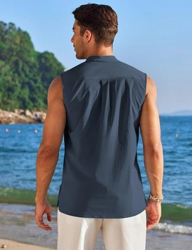 Pánské letní tílko, bez rukávů, styl henley, ležérní plážové tričko, košile s potiskem, lehký top