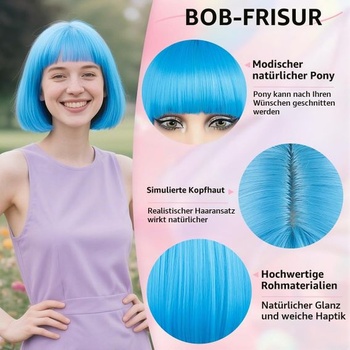 JIAMEISI Modrá bob paruka s ofinou 30 cm rovná krátká bob paruka syntetická barevná modrá paruka