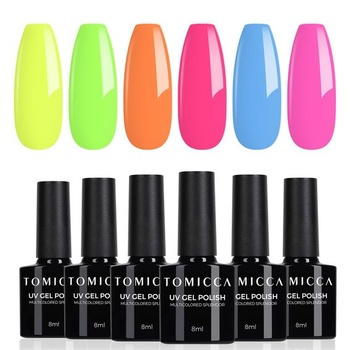 TOMICCA UV laky na nechty neónová sada 6 farieb svetelné laky na nechty 8ml fluorescenčné farby