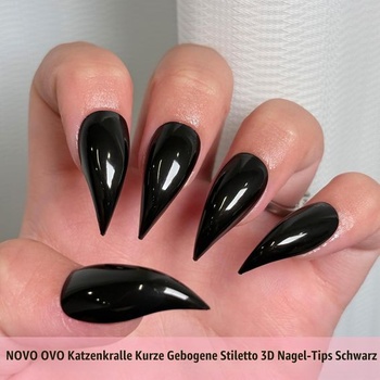 NOVO OVO Halloweenské 3D mačacie pazúriky na nechty čierne, 128 ks krátkych zahnutých ihlových