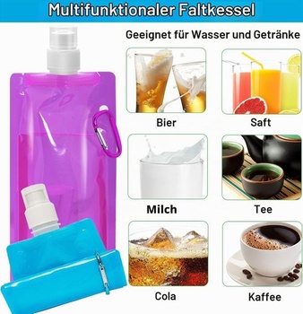 Skladacia fľaša na vodu 500ml, 6 kusov, 6 farieb, opakovane použiteľná fľaša na vodu bez BPA s klipom