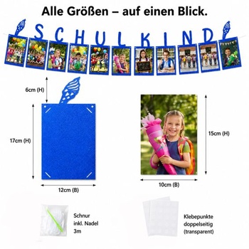 Girlanda s fotografiou školáka, prvý školský deň, dekorácia, modrý trblietavý banner, späť do školy