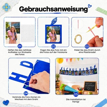 Girlanda s fotografiou školáka, prvý školský deň, dekorácia, modrý trblietavý banner, späť do školy