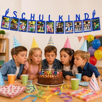 Girlanda s fotografiou školáka, prvý školský deň, dekorácia, modrý trblietavý banner, späť do školy