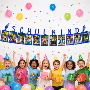 Girlanda s fotografiou školáka, prvý školský deň, dekorácia, modrý trblietavý banner, späť do školy