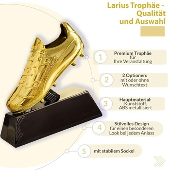 Larius Zlatá trofej za kopačku (13,5 cm, 212 g) – Fotbalová trofej s volitelným gravírováním –