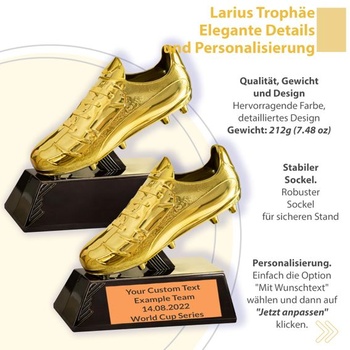 Larius Zlatá trofej za kopačku (13,5 cm, 212 g) – Futbalová trofej s voliteľným gravírovaním –