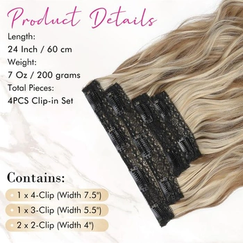 REECHO Clip-in prodlužování vlasů, 4dílné prodlužování vlasů, tloušťka 60 cm, dlouhé plážové vlnité
