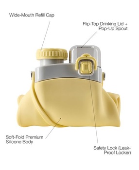 Silikonová láhev na vodu Ava, 600 ml, žlutá, skládací, opakovaně použitelná, ultralehká, bez BPA,