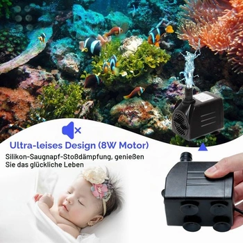 Malé ponorné vodní čerpadlo, mini fontánové čerpadlo (450 l/h, 8 W) s 1,4 m dlouhým napájecím
