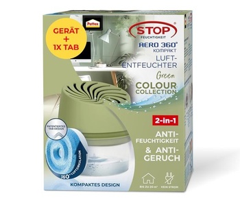 Kompaktný odvlhčovač Pattex AERO 360 ° zelený, 1 kus vrátane 1 zelenej odvlhčovacej tablety + 1 x 450g