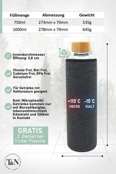 Sklenená fľaša T&N 1 liter / 750ml / 500ml - 1l sklenená fľaša na pitie s neoprénovým puzdrom -