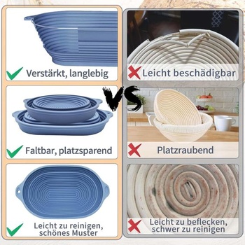 Silikónový kynáci košík na chlieb, oválny kynáci košík s priemerom 28 cm, skladacia, vylepšená