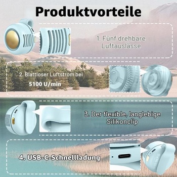 Mini ventilátor bez lopatiek s nacvakávacím klipom a 360 ° rotáciou - Prenosný dobíjací ventilátor na