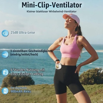 Mini ventilátor bez lopatiek s nacvakávacím klipom a 360 ° rotáciou - Prenosný dobíjací ventilátor na