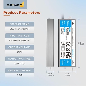 BRIMETI LED transformátor 24V 12W vodotesný IP67 LED Driver napájací zdroj 0,5A so zástrčkou