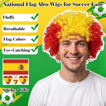 Parochne PLULON Španielske afro pre futbalových fanúšikov, národná vlajka červená a žltá, kučeravé,