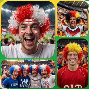Parochne PLULON Španielske afro pre futbalových fanúšikov, národná vlajka červená a žltá, kučeravé,