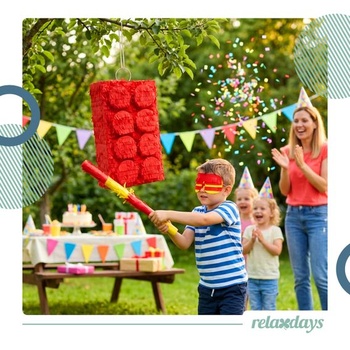 Stavebnica Relaxdays Pinata s tyčou a maskou, párty pinata pre deti, červená