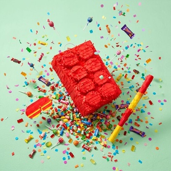 Stavebnica Relaxdays Pinata s tyčou a maskou, párty pinata pre deti, červená
