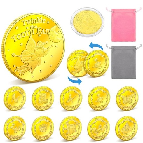 Mince Zubní víla, zlaté mince UPINS 10 zoubkových víl s různými vzory a 2 úložné sáčky, dárkové