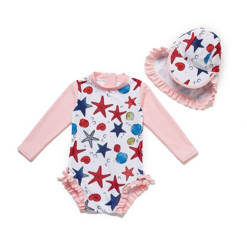 Soui Baby Girls Jednodílné oblečení s dlouhým rukávem UV ochrana 50+ plavky s jedním (Starfish,
