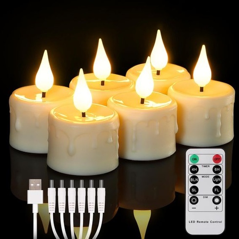 FREEPOWER Sada 6 dobíjacích LED čajových sviečok s časovačom na diaľkové ovládanie Blikajúca teplá