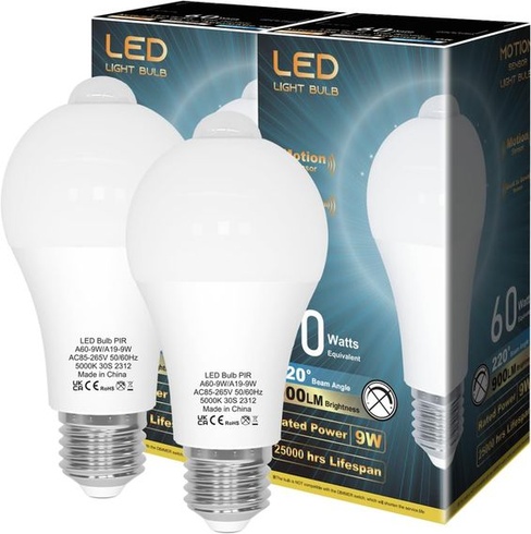 Žárovka LUTW s pohybovým senzorem, E27 LED žárovky 9W 900LM Denní světlo Bílá 5000K Automatické