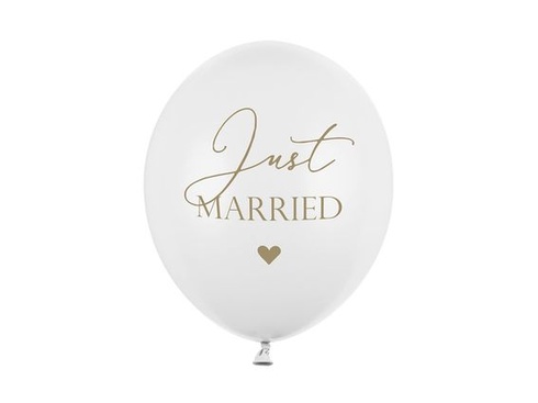 PartyDeco latexové balóniky s potlačou Just Married v zlatej farbe pre Hel - biele balóniky s potlačou