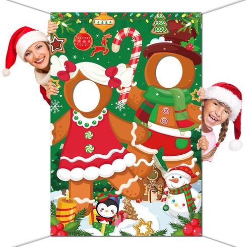 DPKOW Funny Gingerbread Man Face Photo Banner k Vánocům Příslušenství k rekvizitám, Face Game k