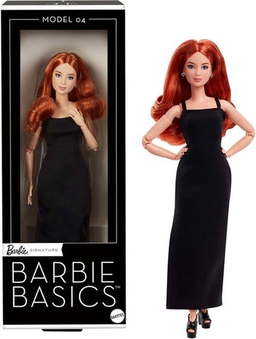 Mattel Barbie Basics Model 4, zberateľská bábika s červenými kučeravými vlasmi, čiernymi minišatami a