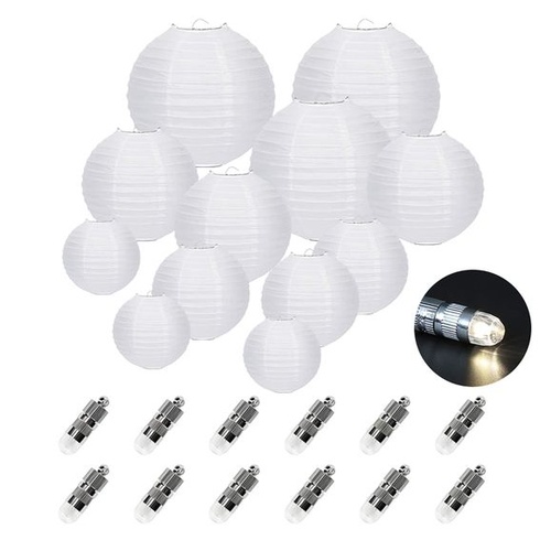 FullBerg 12 bielych papierových lucerien (rôzne veľkosti) s 12 teplými bielymi mini LED balónikovými
