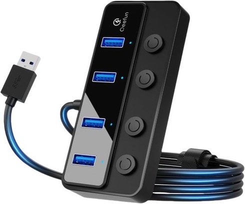 Qeefun 4-portový USB Hub 3.0, jednotlivé LED vypínače, 4ft USB predĺženie, 5V/3A USB extender pre