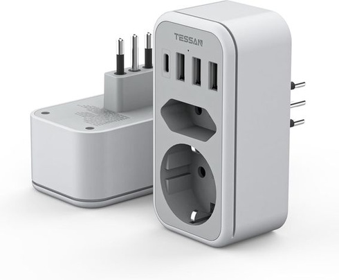 TESSAN adaptér Itálie zásuvka, 6v1 cestovní adaptér Itálie s 1 USB C a 3 USB A, 2500W cestovní
