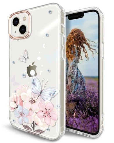 JAHOLAN průhledné pouzdro pro iPhone 14 iPhone 13 Glitter Plating Butterfly Flower Design Ochranný