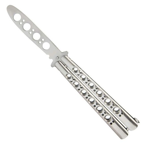 motýlikový nôž vornnex na cvičenie, nebrúsená čepeľ, trenažér Balisong kompletne nerezový, 100%