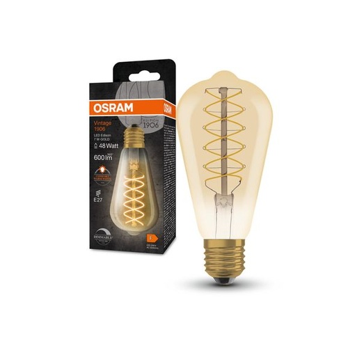 LED žiarovka OSRAM VINTAGE 1906 so zlatým odtieňom, 7W, 600lm, tvar Edison s priemerom 64mm a päticou