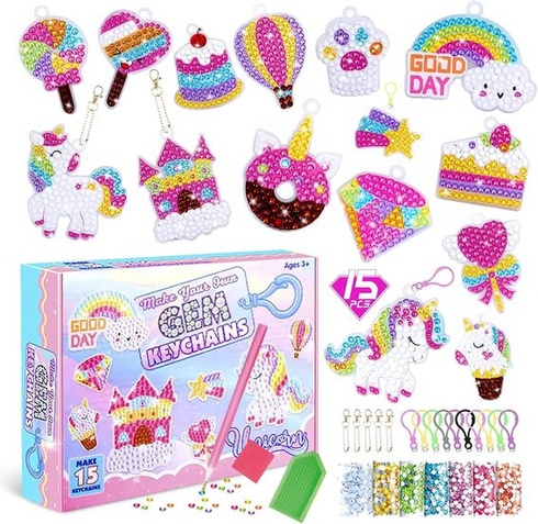 CAYUDEN Diamond Painting Keychain, 15 Parts 5D Diamond Painting Keychain Kits Detské DIY Jednorožec
