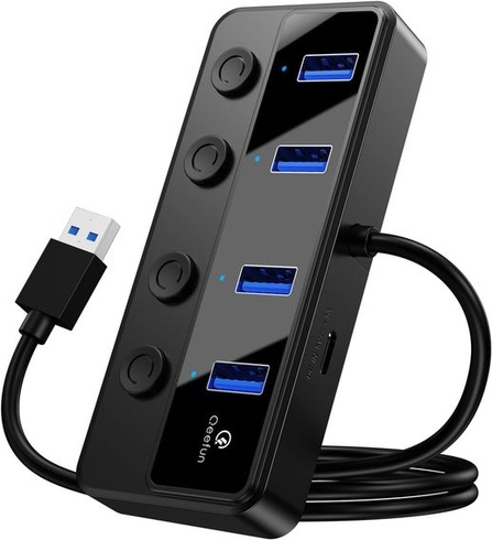 Qeefun 4portový USB Hub 3.0, jednotlivé LED vypínače napájania, 2ft USB predĺženie, 5V/3A USB
