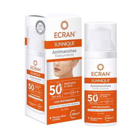 Ecran Sunnique - Fluid na opalování SPF 50 proti skvrnám s niacidaminem, chrání před spálením,