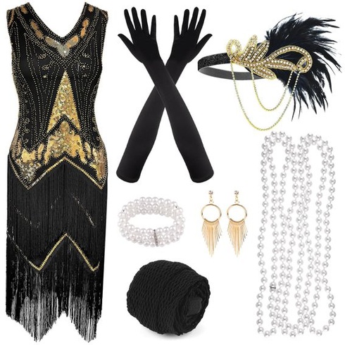 PLULON Flitrové šaty z 20. rokov 20. storočia so strapcami a sada doplnkov 20. rokov Šaty Gatsby s